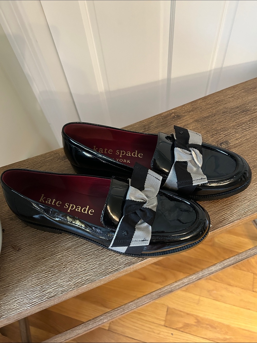 kate spade Black Patent Loafers with Striped Grosgrain Bow - Picture 2 of 7